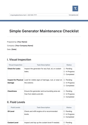 Free Simple Generator Maintenance Checklist Template to Edit Online