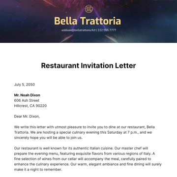 Free Restaurant Invitation Letter Template to Edit Online