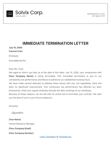 Free Immediate Termination Letter Template to Edit Online