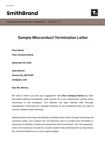 Free Sample Misconduct Termination Letter Template to Edit Online