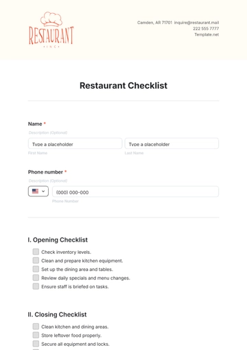 Free Restaurant Checklist Template to Edit Online
