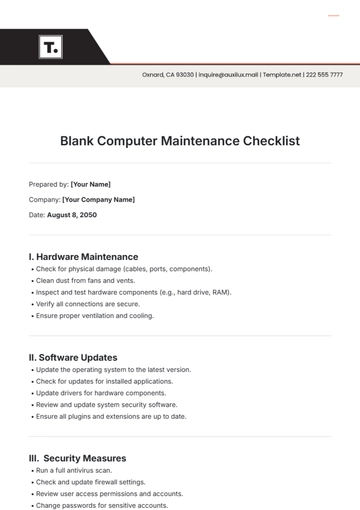 Free Blank Computer Maintenance Checklist Template to Edit Online