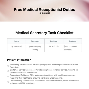 Free Medical Receptionist Duties Checklist Template to Edit Online