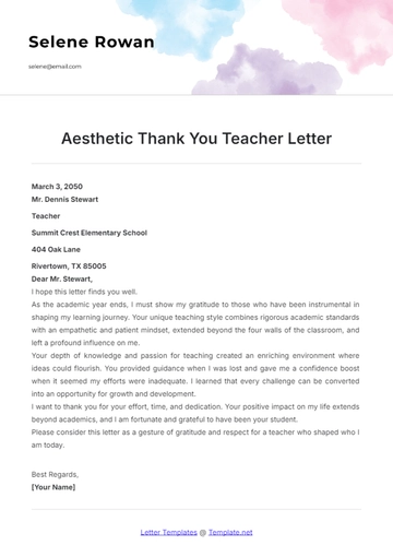 Free Aesthetic Thank You Teacher Letter Template to Edit Online