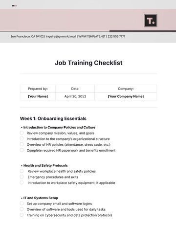 Free Sample Job Training Checklist Template to Edit Online