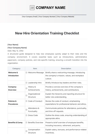 Free New Hire Orientation Training Checklist Template to Edit Online