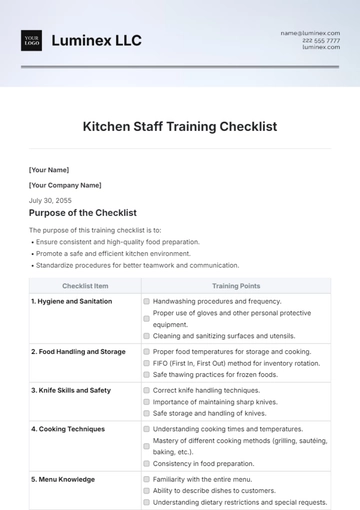 Free Kitchen Staff Training Checklist Template to Edit Online