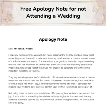 Free Apology Note for not Attending a Wedding Template to Edit Online