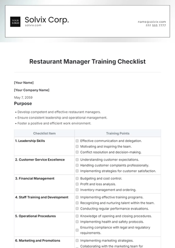Free Restaurant Manager Training Checklist Template to Edit Online