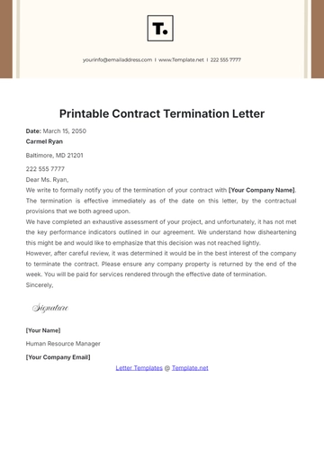 Free Printable Contract Termination Letter Template to Edit Online