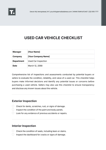 Free Used Car Vehicle Checklist Template to Edit Online