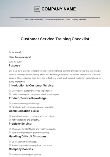 Free Customer Service Training Checklist Template to Edit Online