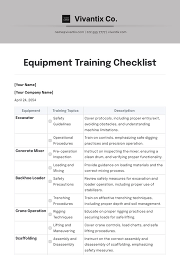 Free Equipment Training Checklist Template to Edit Online