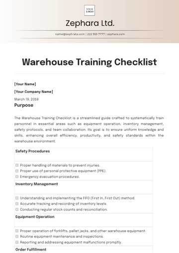 Free Warehouse Training Checklist Template to Edit Online