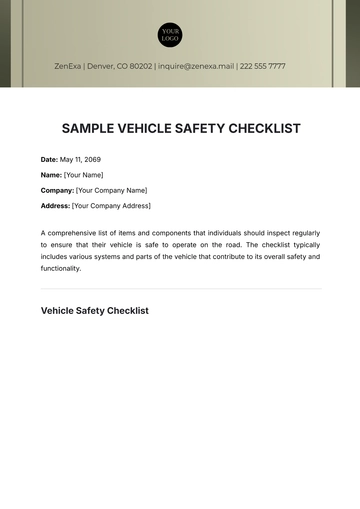 Free Sample Vehicle Safety Checklist Template to Edit Online