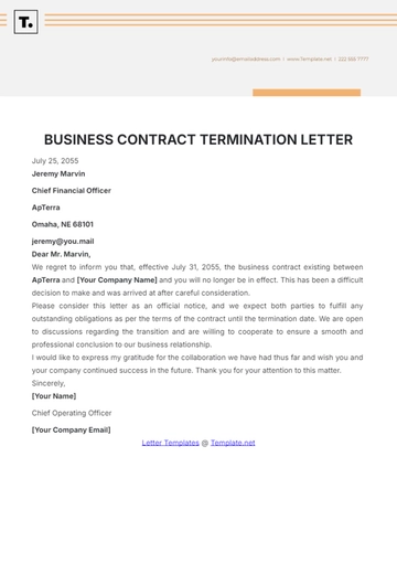 Free Business Contract Termination Letter Template to Edit Online