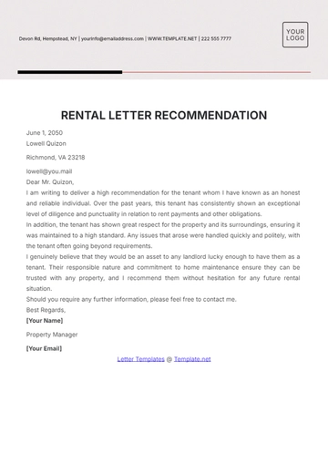Free Rental Letter of Recommendation Template to Edit Online