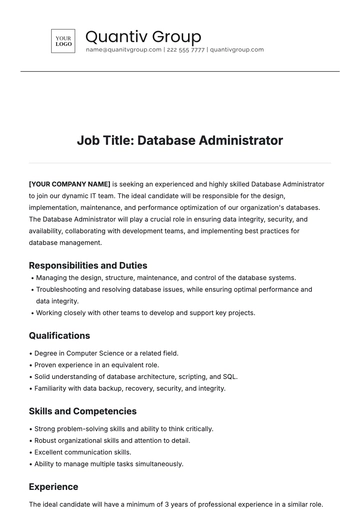 Free Database Administrator Job Description Template to Edit Online