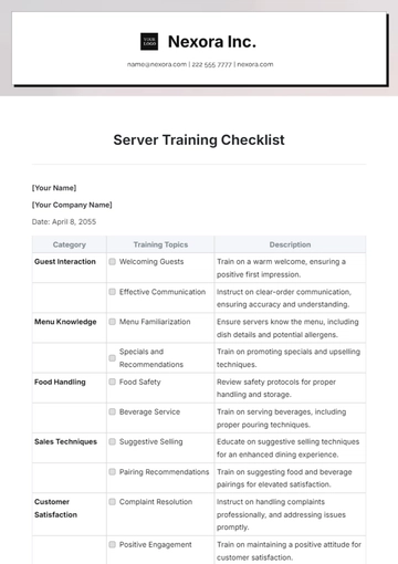 Free Server Training Checklist Template to Edit Online