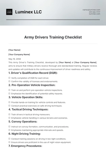 Free Army Drivers Training Checklist Template to Edit Online