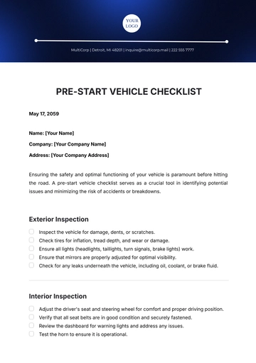 Free Pre Start Vehicle Checklist Template to Edit Online