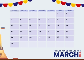 Free March 2024 Calendar with Holidays Philippines Template to Edit Online