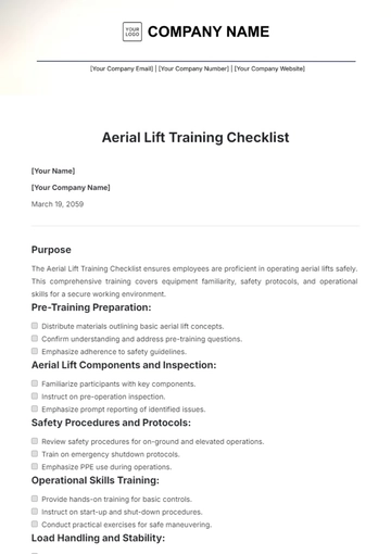 Free Aerial Lift Training Checklist Template to Edit Online
