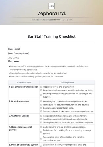 Free Bar Staff Training Checklist Template to Edit Online