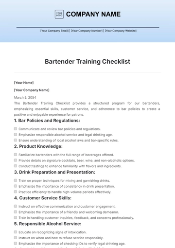 Free Bartender Training Checklist Template to Edit Online