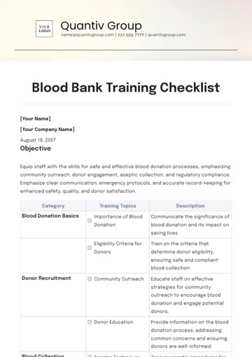 Free Blood Bank Training Checklist Template to Edit Online