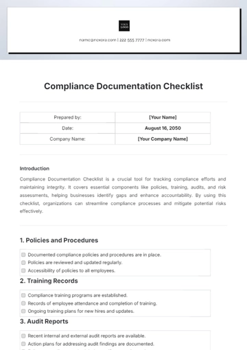Free Compliance Documentation Checklist Template to Edit Online