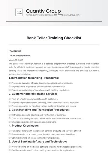 Free Bank Teller Training Checklist Template to Edit Online