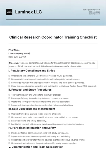 Free Clinical Research Coordinator Training Checklist Template to Edit Online