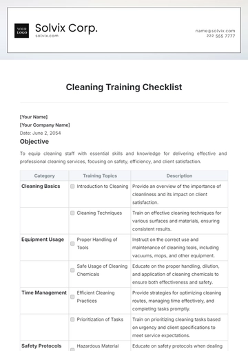 Free Cleaning Training Checklist Template to Edit Online