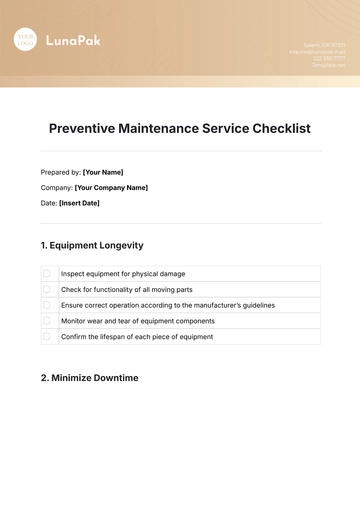 Free Preventive Maintenance Service Checklist Template to Edit Online
