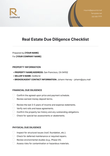 Free Real Estate Due Diligence Checklist Template to Edit Online