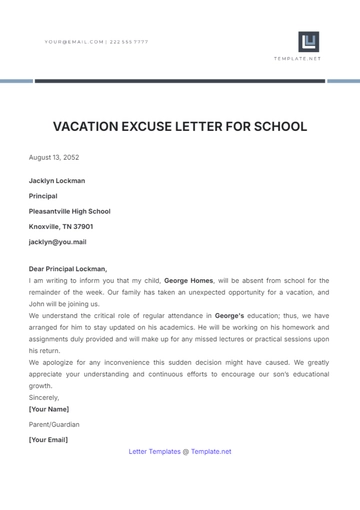 Free Vacation Excuse Letter for School Template to Edit Online