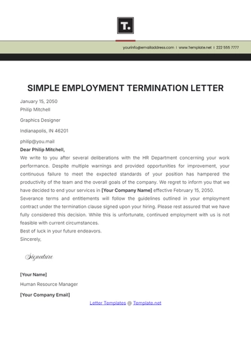 Free Simple Termination of Employment Letter Template to Edit Online