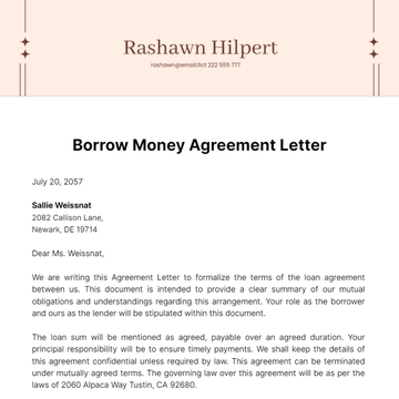 Free Borrow Money Agreement Letter Template to Edit Online