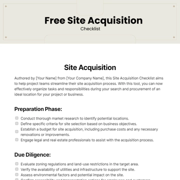 Free Site Acquisition Checklist Template to Edit Online