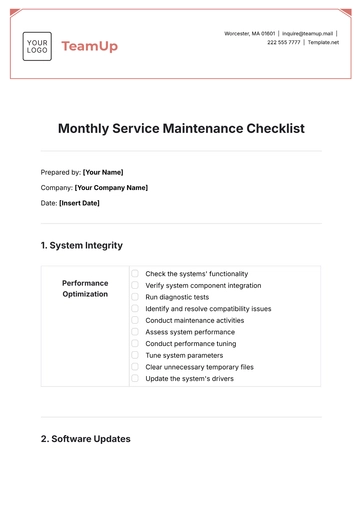 Free Monthly Service Maintenance Checklist Template to Edit Online