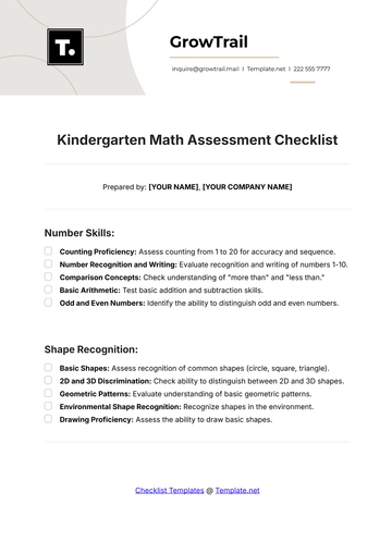 Free Kindergarten Math Assessment Checklist Template to Edit Online