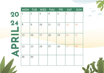 Free Horizontal April 2024 Calendar Template to Edit Online