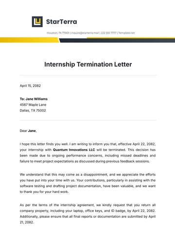 Free Internship Termination Letter Template to Edit Online