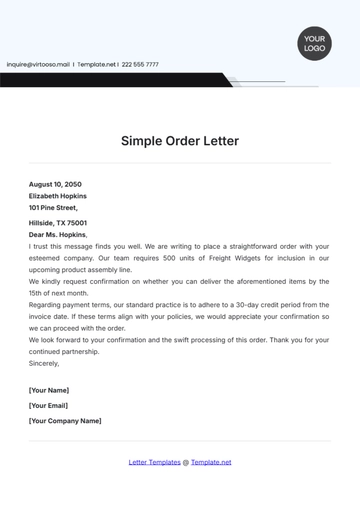 Free Simple Order Letter Template to Edit Online