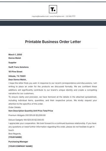 Free Printable Business Order Letter Template to Edit Online