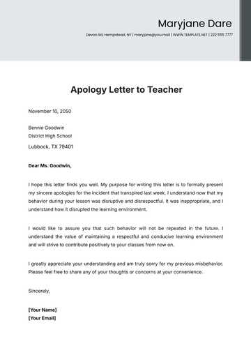 Free Apology Letter to Teacher Template to Edit Online