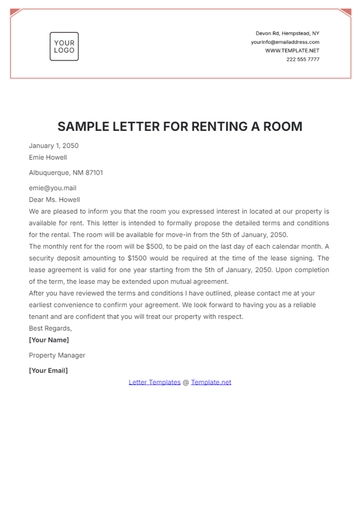 Free Sample Letter for Renting a Room Template to Edit Online