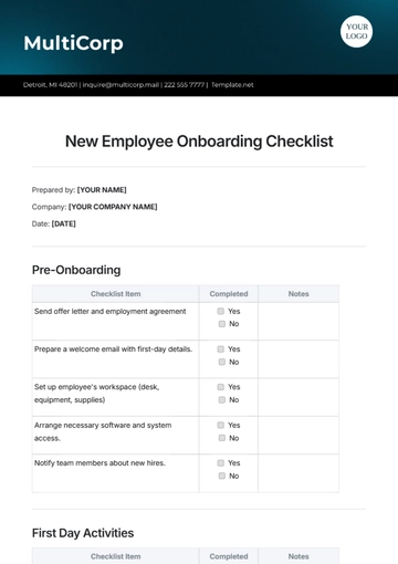 Free New Employee Onboarding Checklist Template to Edit Online