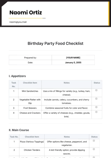 Free Birthday Party Food Checklist Template to Edit Online